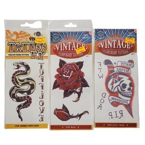 TEMPORARY TATTOOS Rose Snake Skull Dagger Halloween Costume Accessory Pack of 3